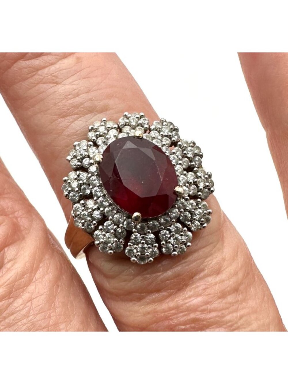 Chuck Clemency Ruby Diamond Cluster Ring Gold Plated Sterling Silver Size 8 Vint
